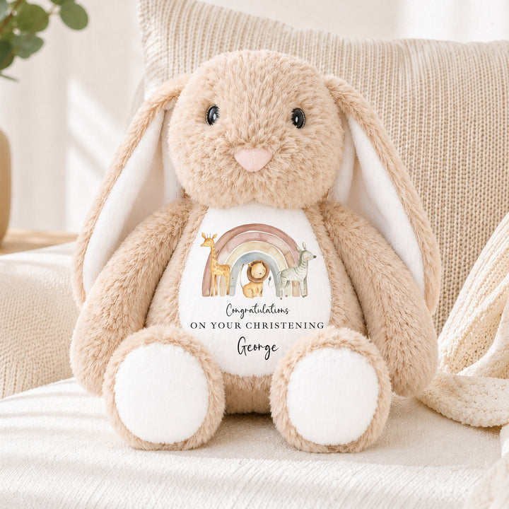 Personalised Jungle Rainbow Christening Day Soft Toy