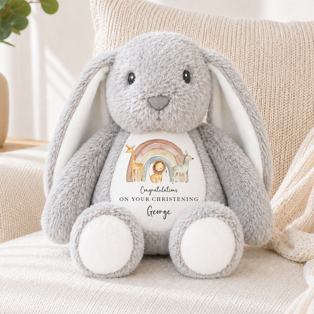 Personalised Jungle Rainbow Christening Day Soft Toy