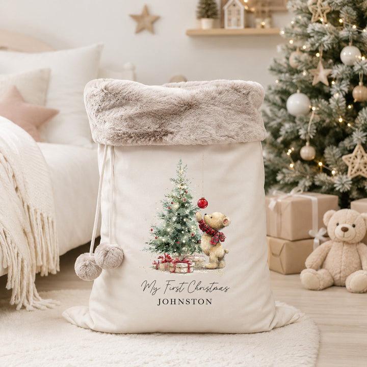 Personalised Merry Christmas Teddy Tree Fur Trim Christmas Santa Sack