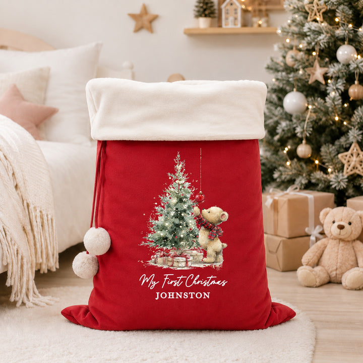 Personalised Merry Christmas Teddy Tree Fur Trim Christmas Santa Sack