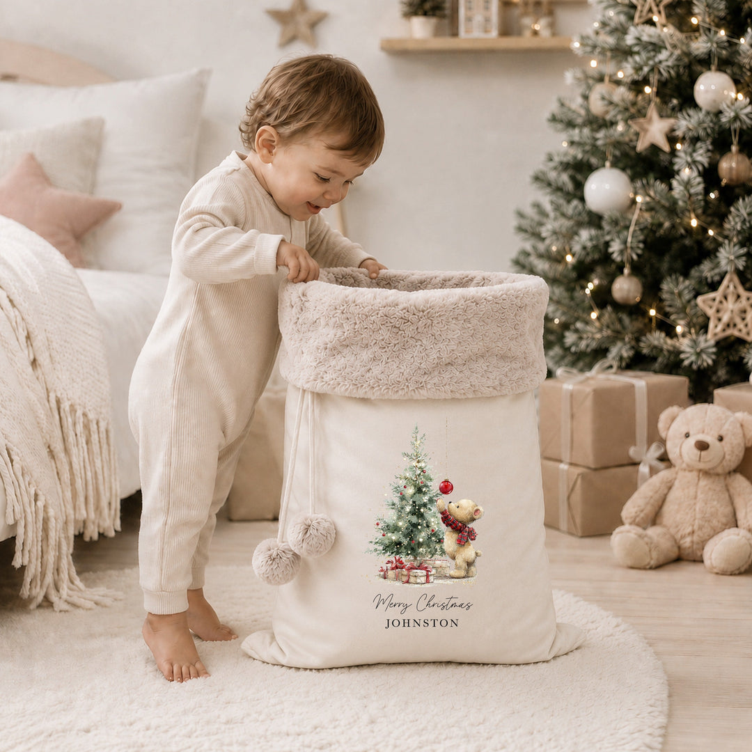 Personalised Merry Christmas Teddy Tree Fur Trim Christmas Santa Sack