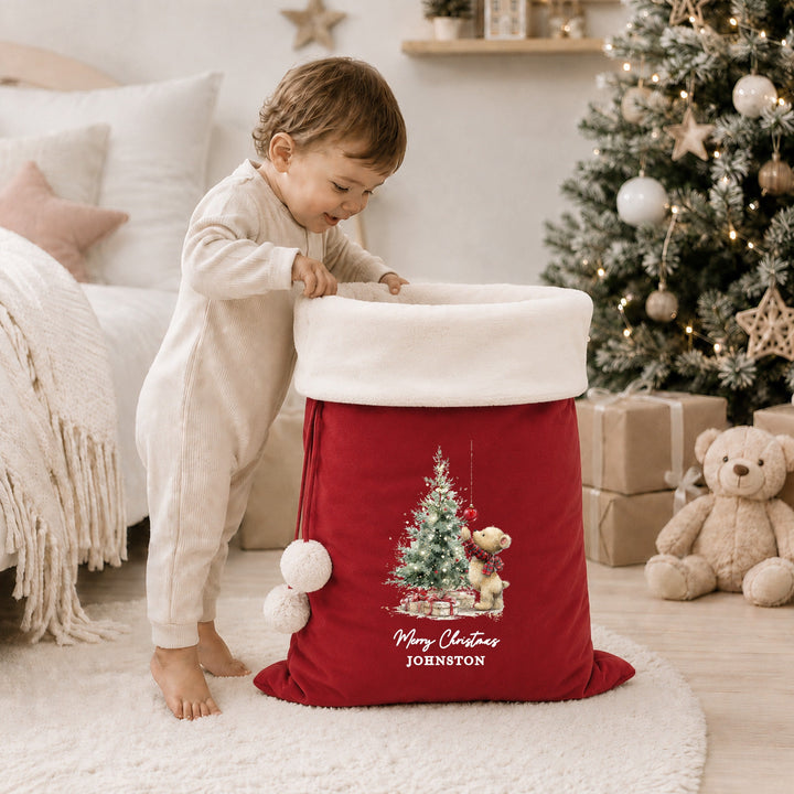 Personalised Merry Christmas Teddy Tree Fur Trim Christmas Santa Sack