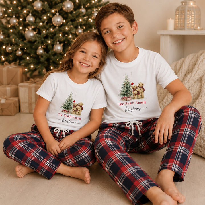 Personalised Family Teddy Matching Tartan Christmas Pyjamas