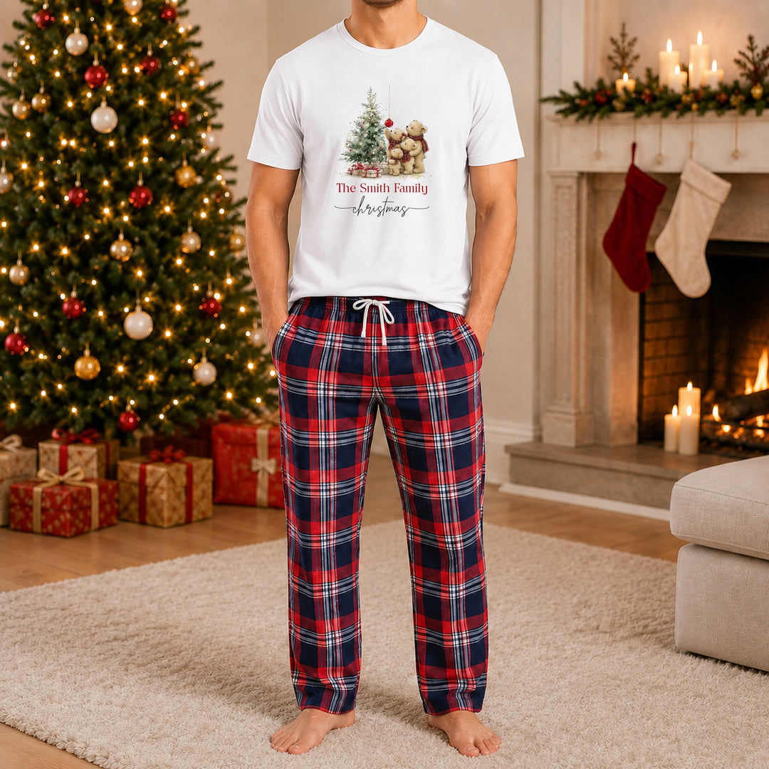 Personalised Family Teddy Matching Tartan Christmas Pyjamas