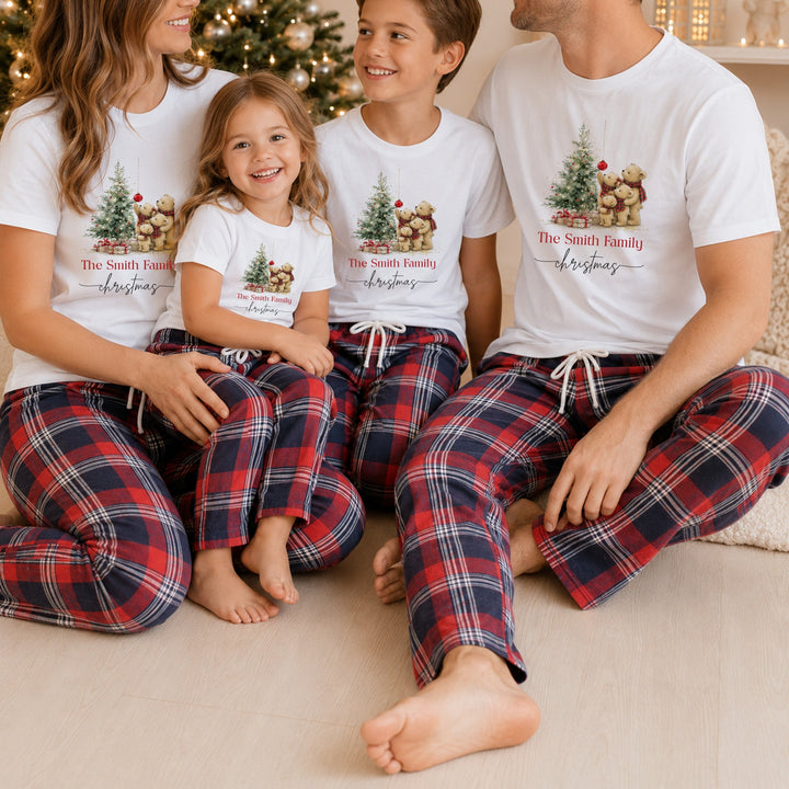 Personalised Family Teddy Matching Tartan Christmas Pyjamas
