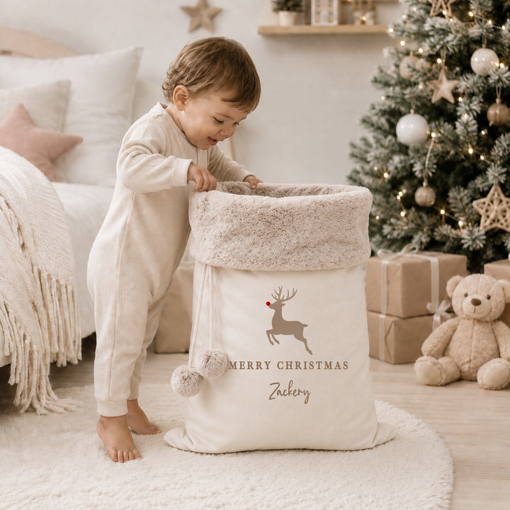 Personalised Merry Christmas Gold Reindeer Fur Trim Santa Sack