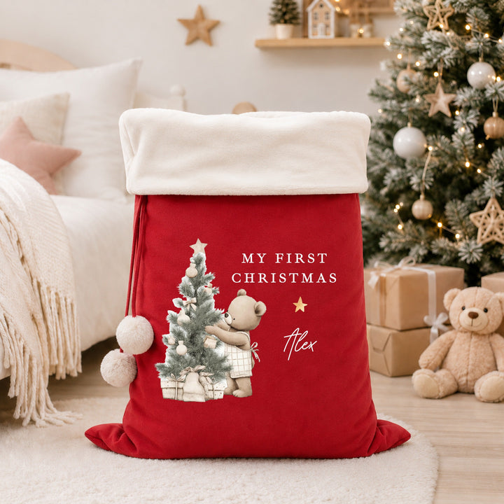 Personalised My First Christmas Beige Bear Stocking or Santa Sack