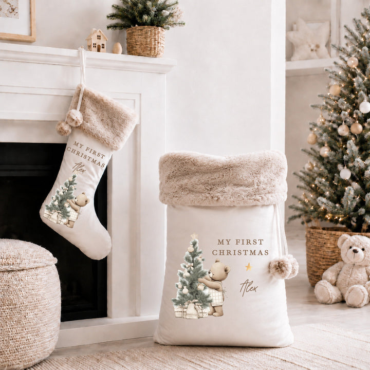 Personalised My First Christmas Beige Bear Stocking or Santa Sack