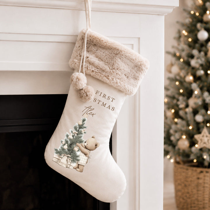 Personalised My First Christmas Beige Bear Stocking or Santa Sack