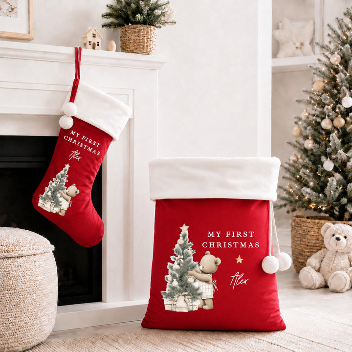 Personalised My First Christmas Beige Bear Stocking or Santa Sack