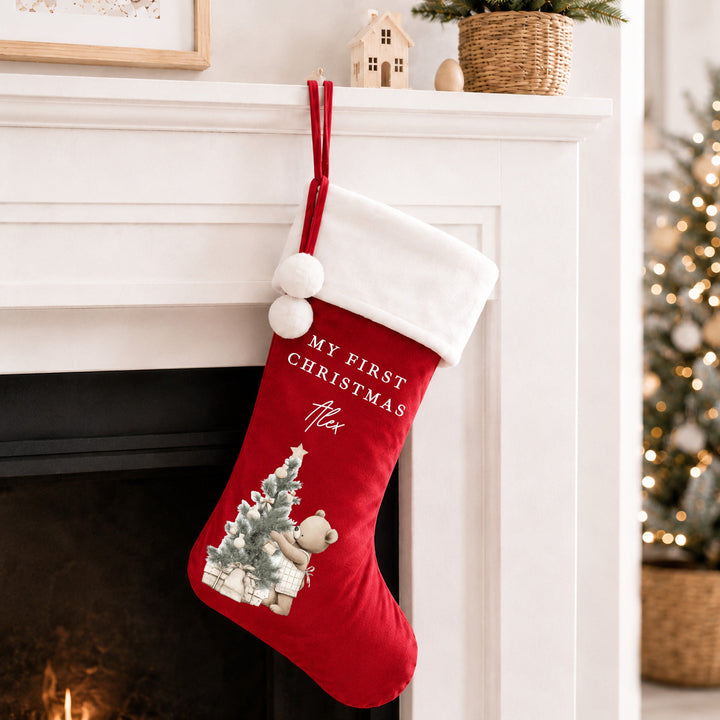 Personalised My First Christmas Beige Bear Stocking or Santa Sack