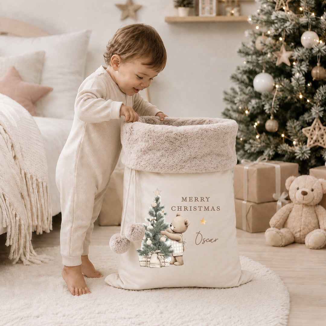 Personalised My First Christmas Beige Bear Stocking or Santa Sack