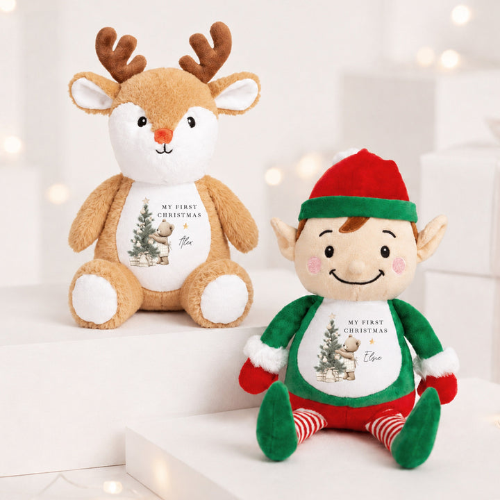 Personalised Beige Bear Tree Merry Christmas Soft Toy