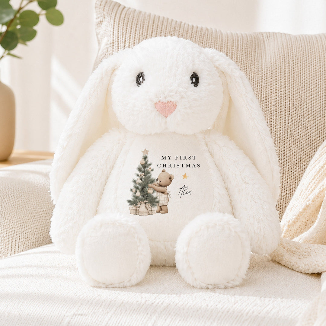 Personalised Beige Bear Tree Merry Christmas Soft Toy