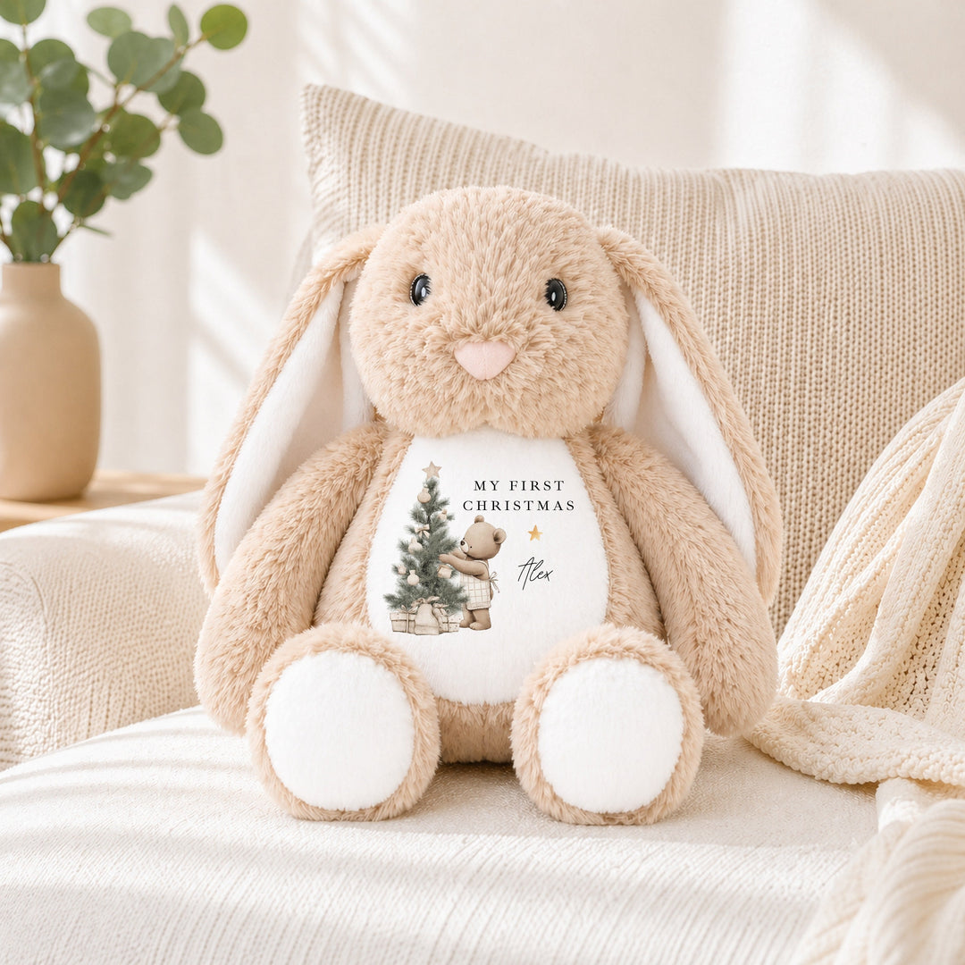 Personalised Beige Bear Tree Merry Christmas Soft Toy