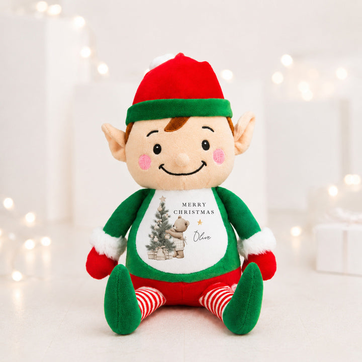 Personalised Beige Bear Tree Merry Christmas Soft Toy