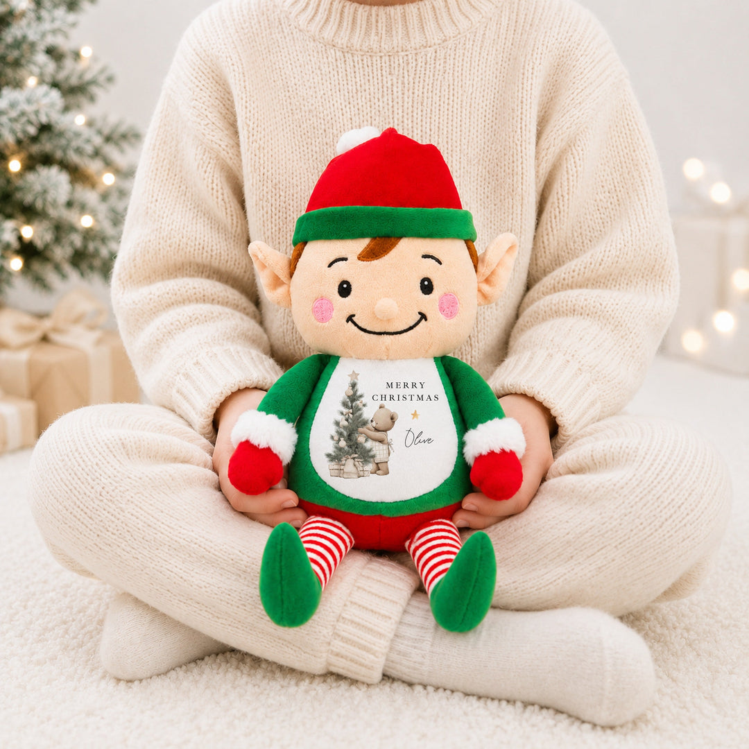 Personalised Beige Bear Tree Merry Christmas Soft Toy
