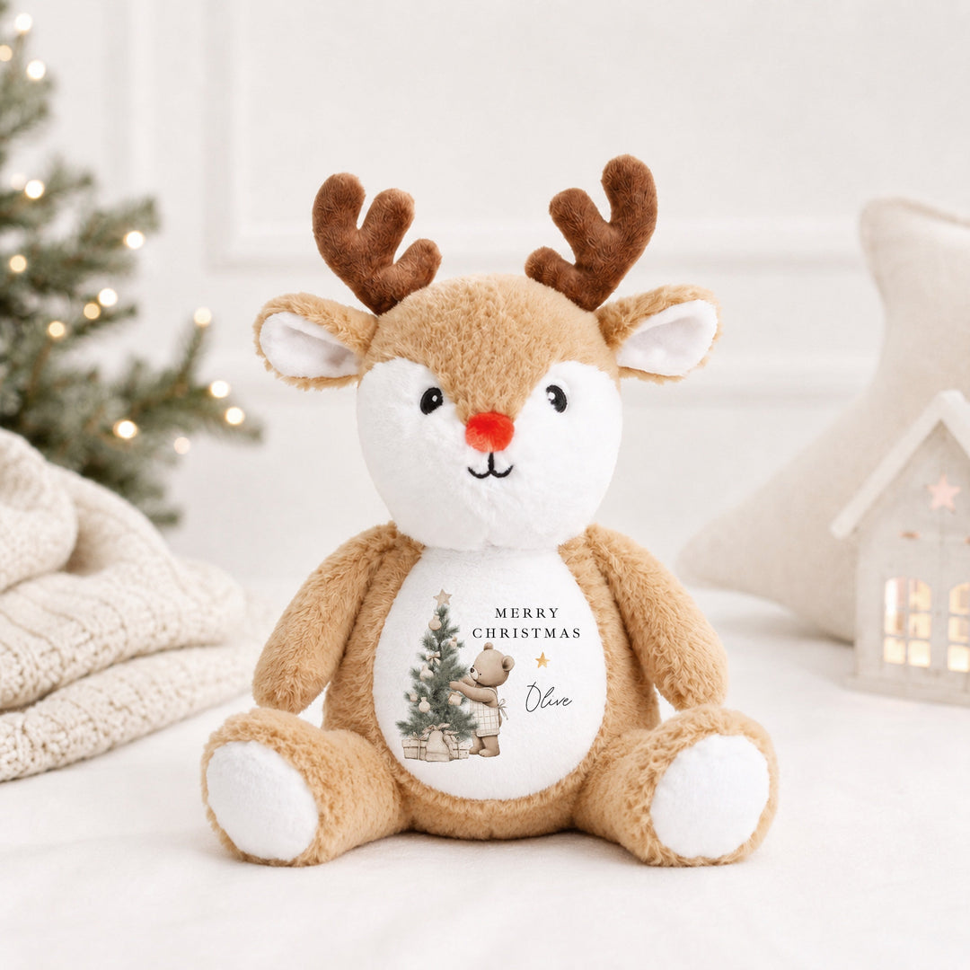 Personalised Beige Bear Tree Merry Christmas Soft Toy