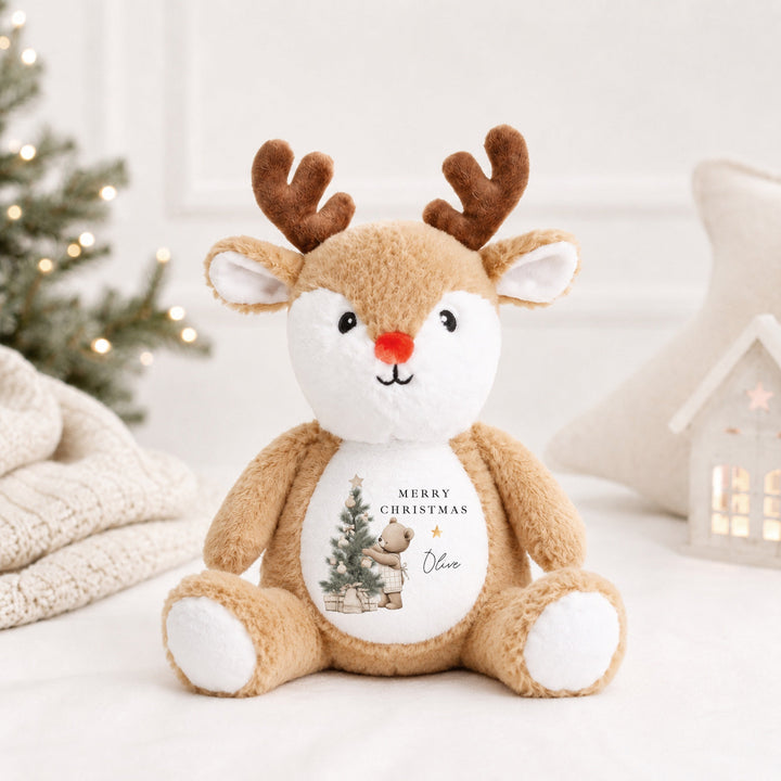 Personalised Beige Bear Tree Merry Christmas Soft Toy