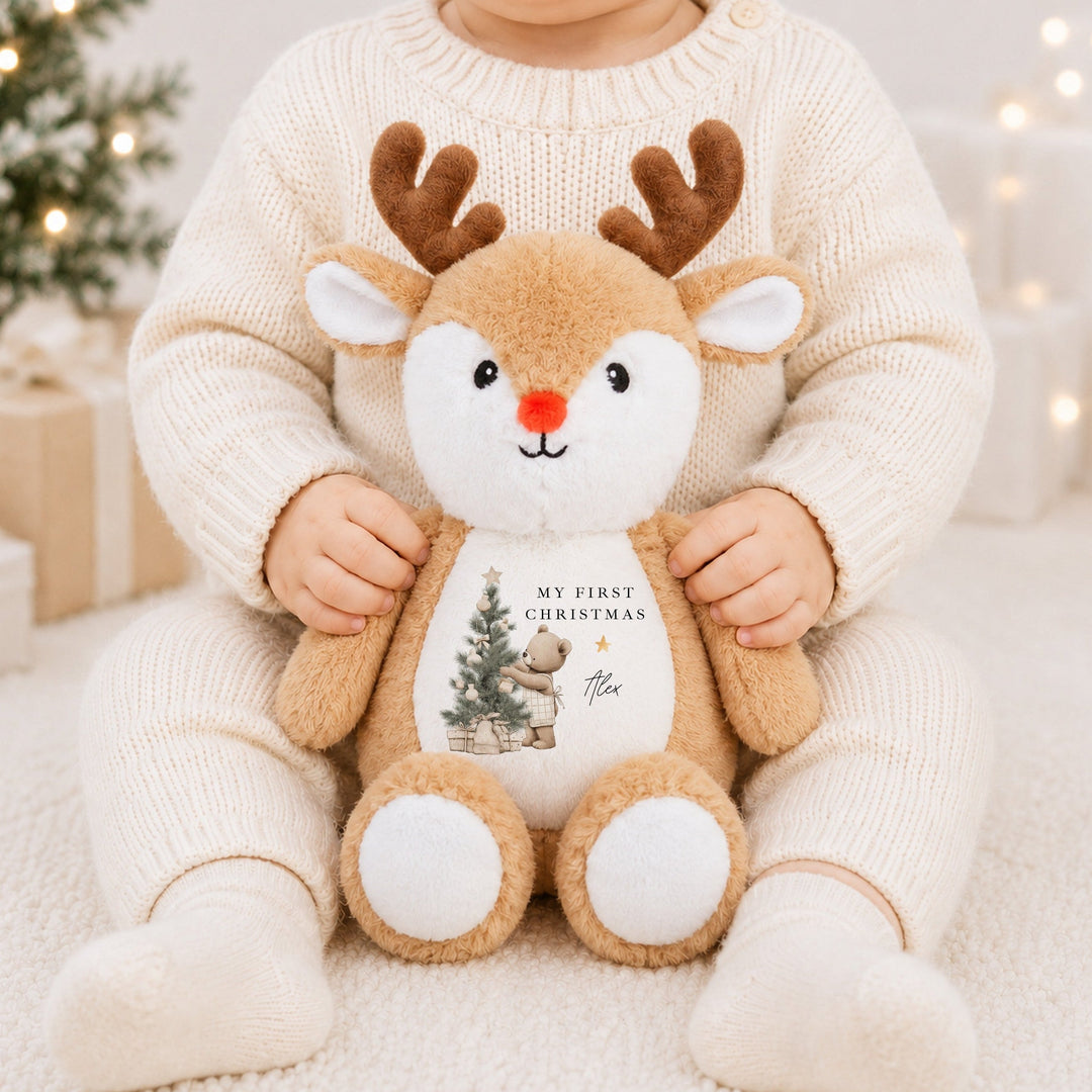 Personalised Beige Bear Tree Merry Christmas Soft Toy