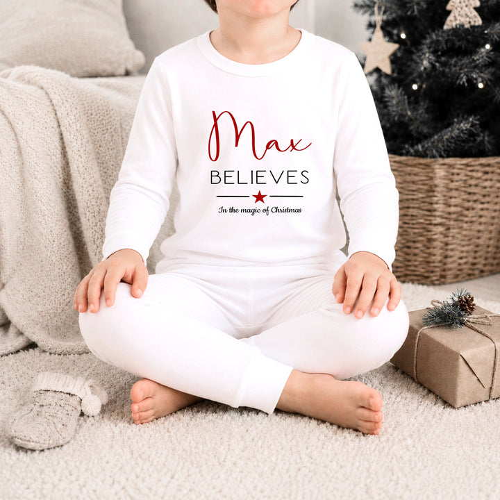 Personalised Red Star Believe In The Magic Of Christmas Pyjamas