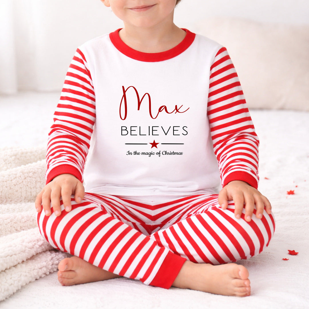 Personalised Red Star Believe In The Magic Of Christmas Pyjamas