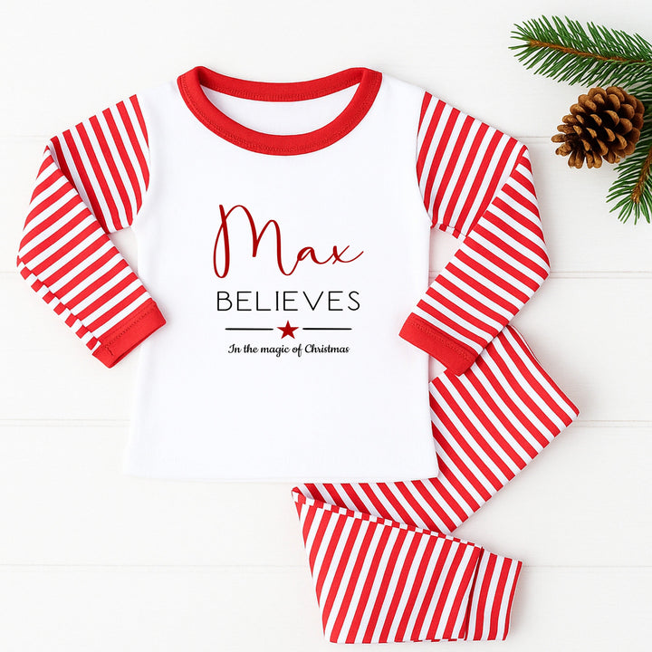 Personalised Red Star Believe In The Magic Of Christmas Pyjamas