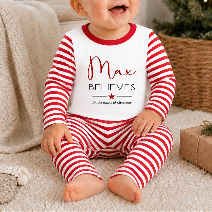 Personalised Red Star Believe In The Magic Of Christmas Pyjamas