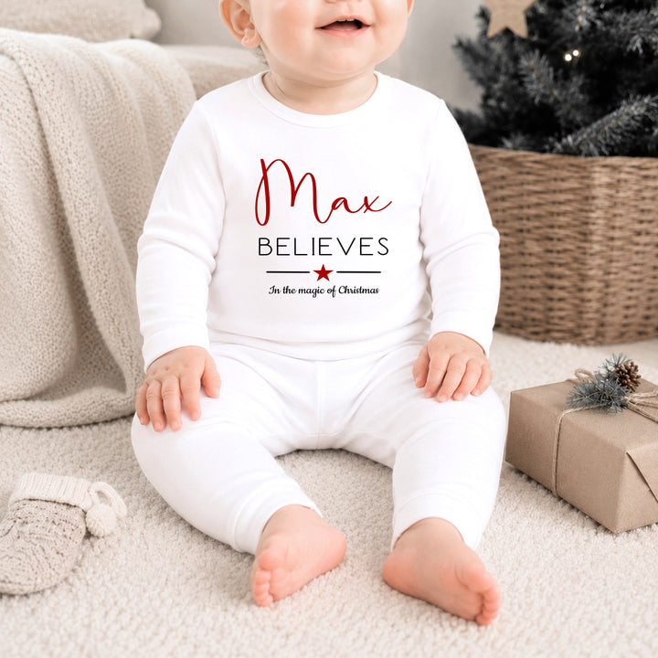 Personalised Red Star Believe In The Magic Of Christmas Pyjamas