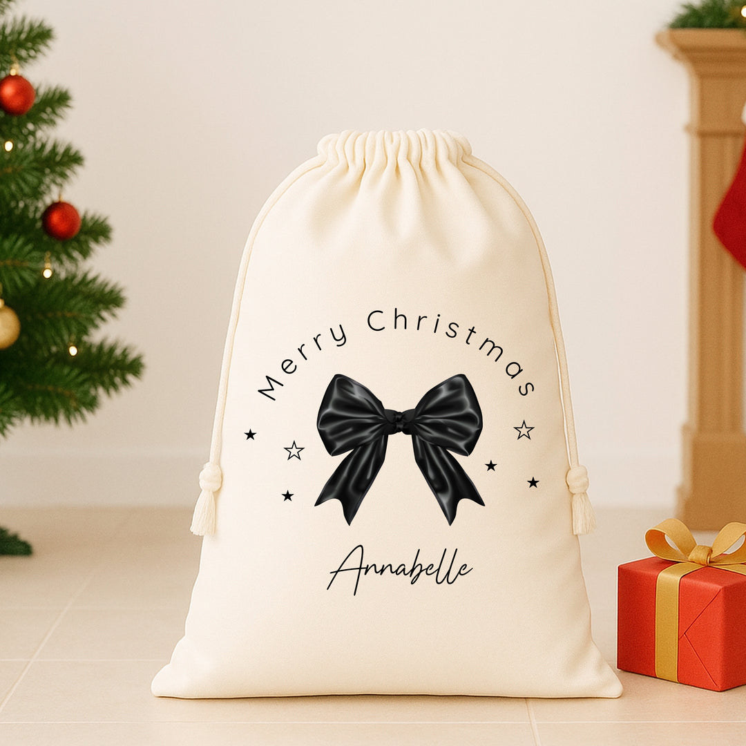 Personalised Black Bow Merry Christmas Canvas Santa Sacks