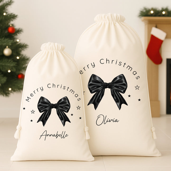 Personalised Black Bow Merry Christmas Canvas Santa Sacks