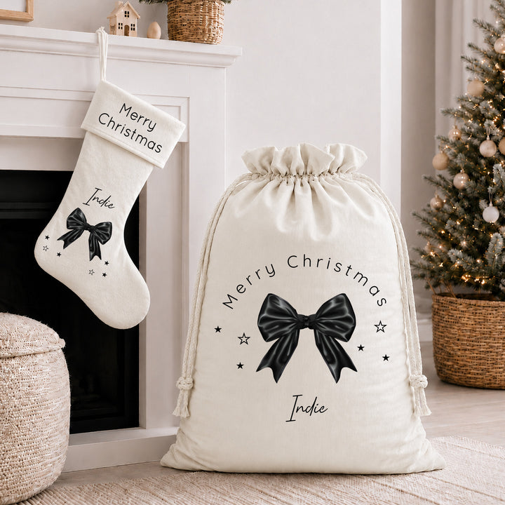 Personalised Black Bow Merry Christmas Velvet Santa Sack &amp; Stocking