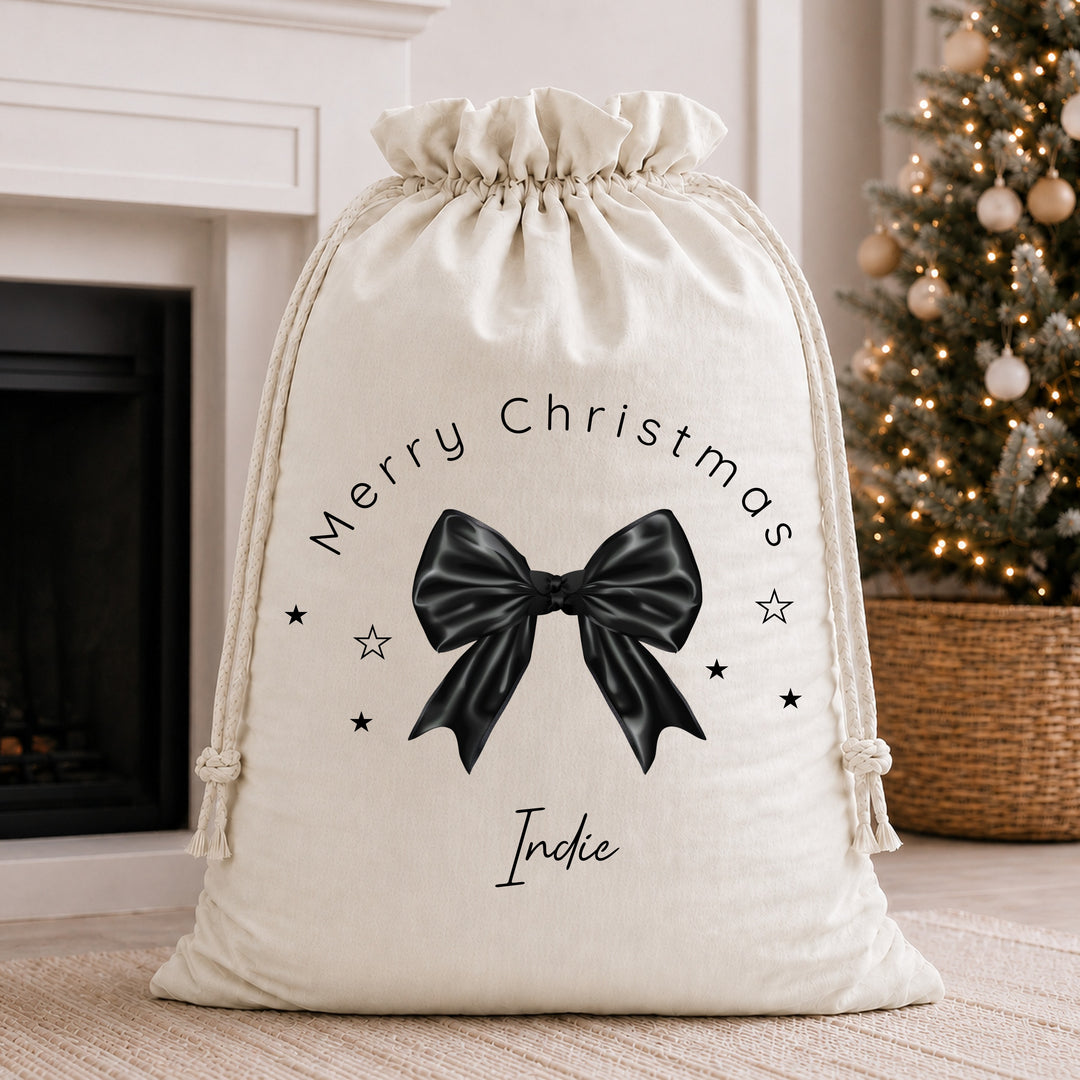 Personalised Black Bow Merry Christmas Velvet Santa Sack &amp; Stocking