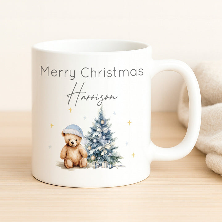 Personalised Blue Teddy Christmas Place Mat With Optional Cutlery and Mug