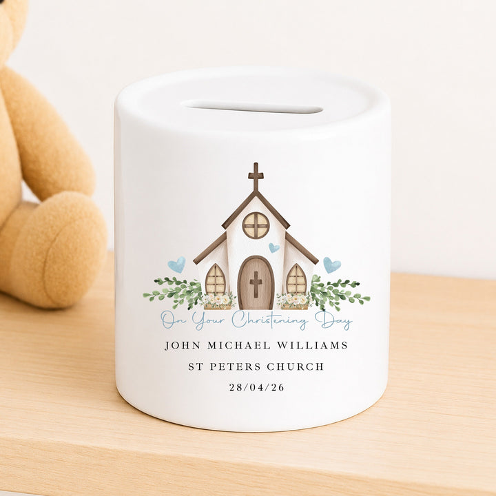 Personalised Money Box Blue On Your Christening Day Gift
