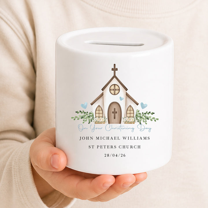 Personalised Money Box Blue On Your Christening Day Gift