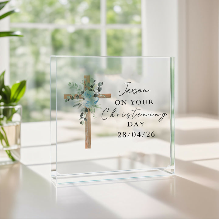 Personalised Acrylic Block Blue Cross Christening Gift