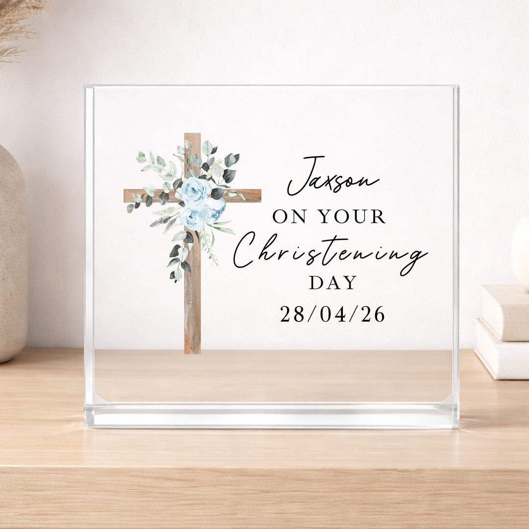 Personalised Acrylic Block Blue Cross Christening Gift