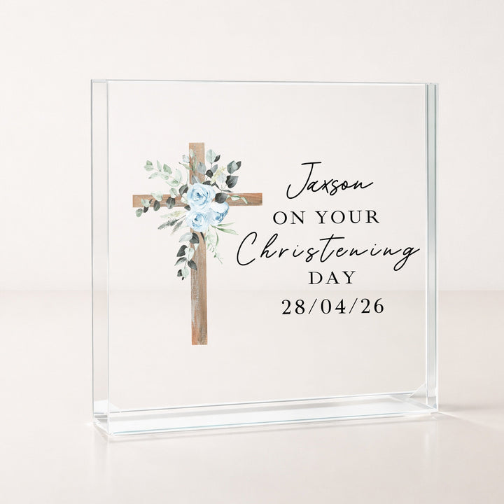 Personalised Acrylic Block Blue Cross Christening Gift