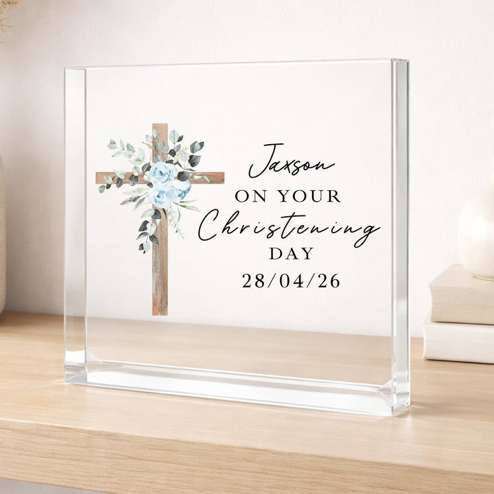 Personalised Acrylic Block Blue Cross Christening Gift