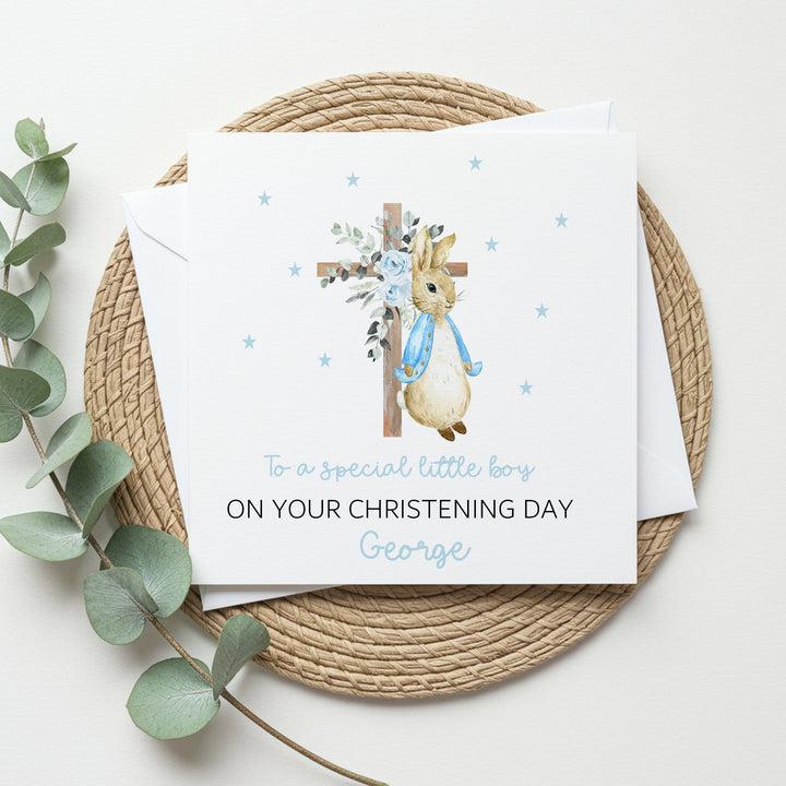 Personalised Blue Rabbit Cross On Your Christening Day Card