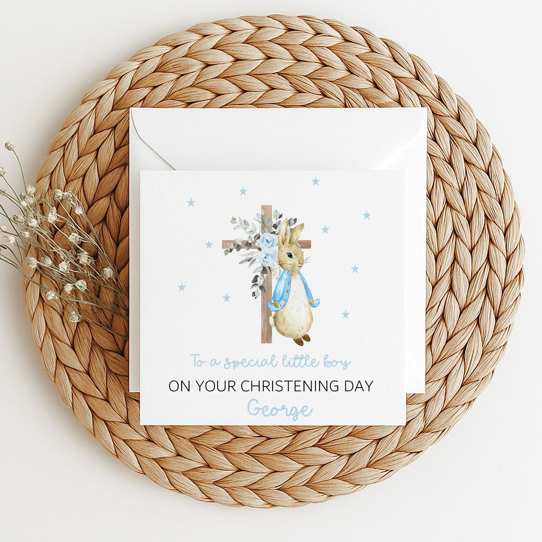 Personalised Blue Rabbit Cross On Your Christening Day Card