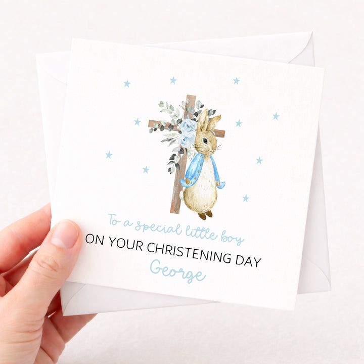 Personalised Blue Rabbit Cross On Your Christening Day Card