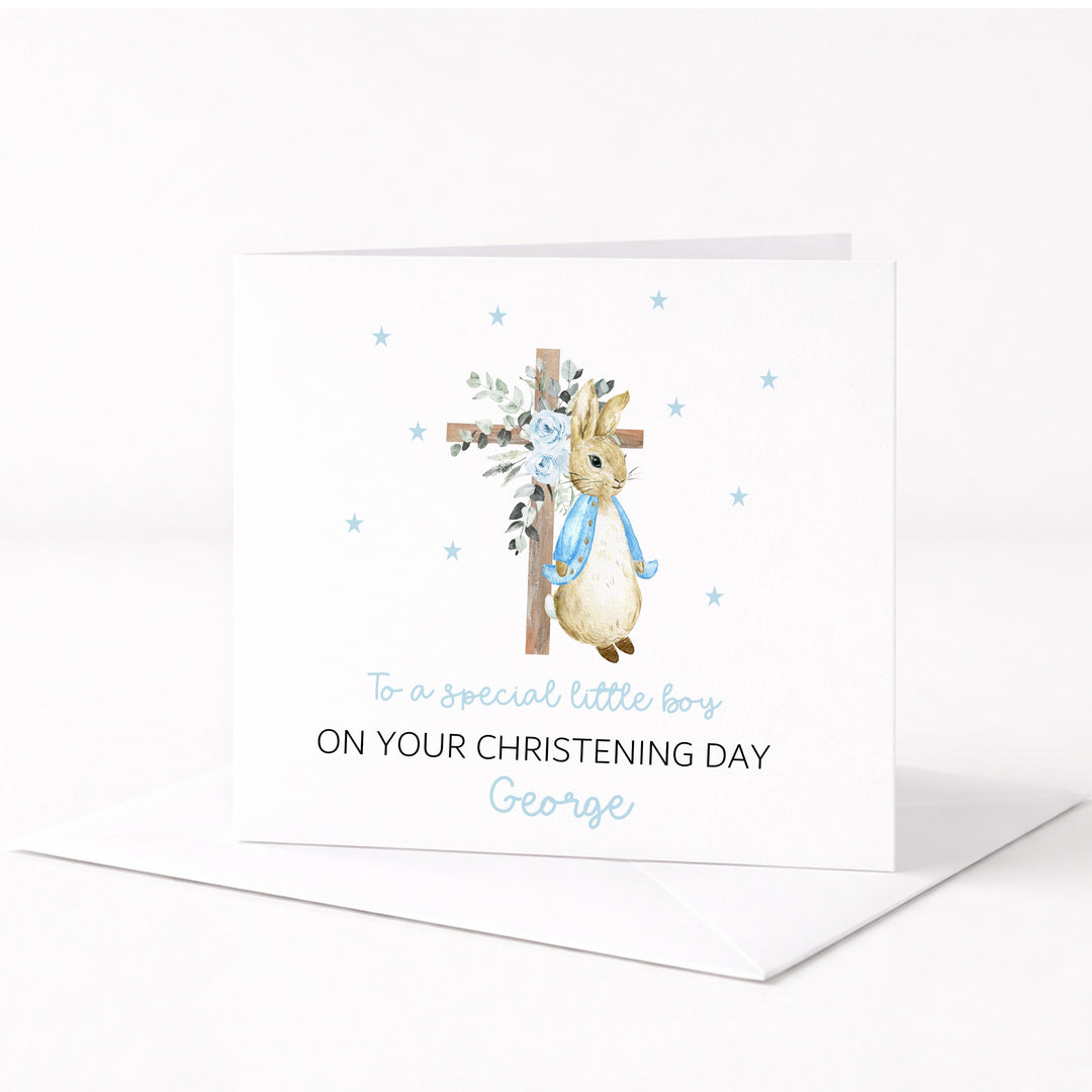 Personalised Blue Rabbit Cross On Your Christening Day Card