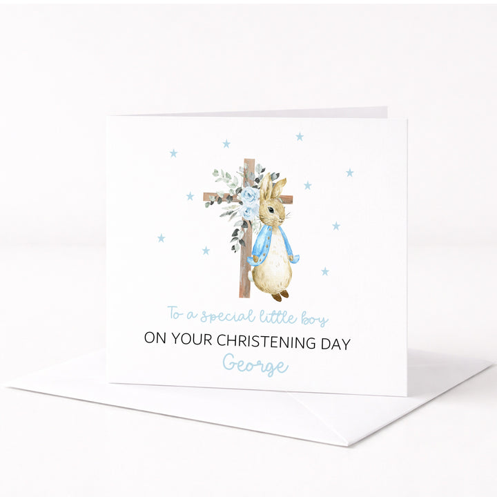 Personalised Blue Rabbit Cross On Your Christening Day Card