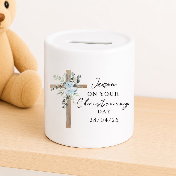 Personalised Money Box Blue Cross Christening Gift