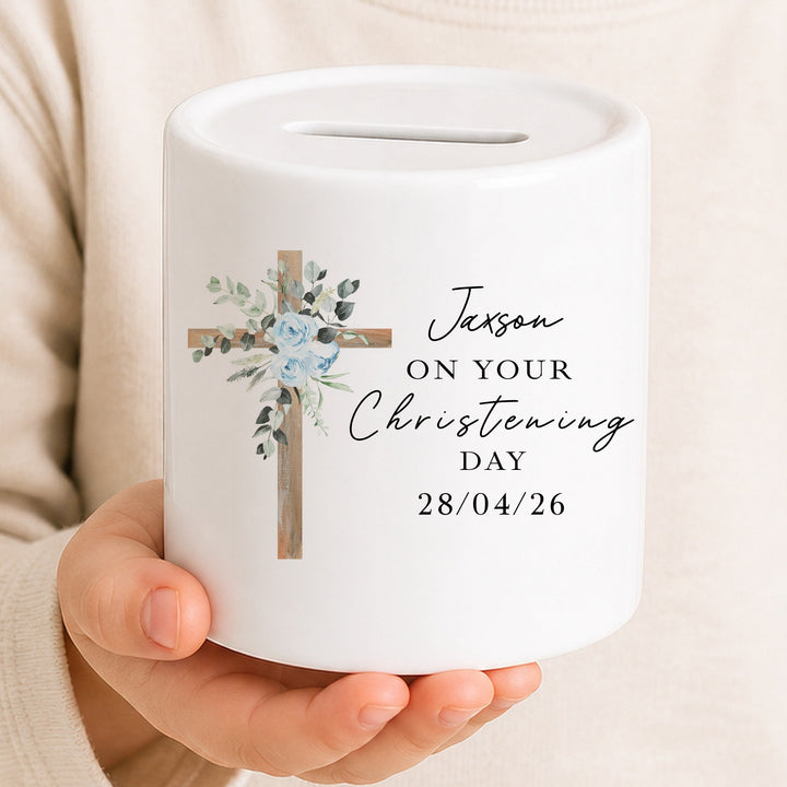 Personalised Money Box Blue Cross Christening Gift