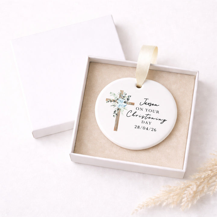 Personalised Blue Cross Christening Gift Ornament