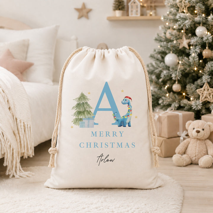Personalised Merry Christmas Dinosaur Canvas Santa Sack