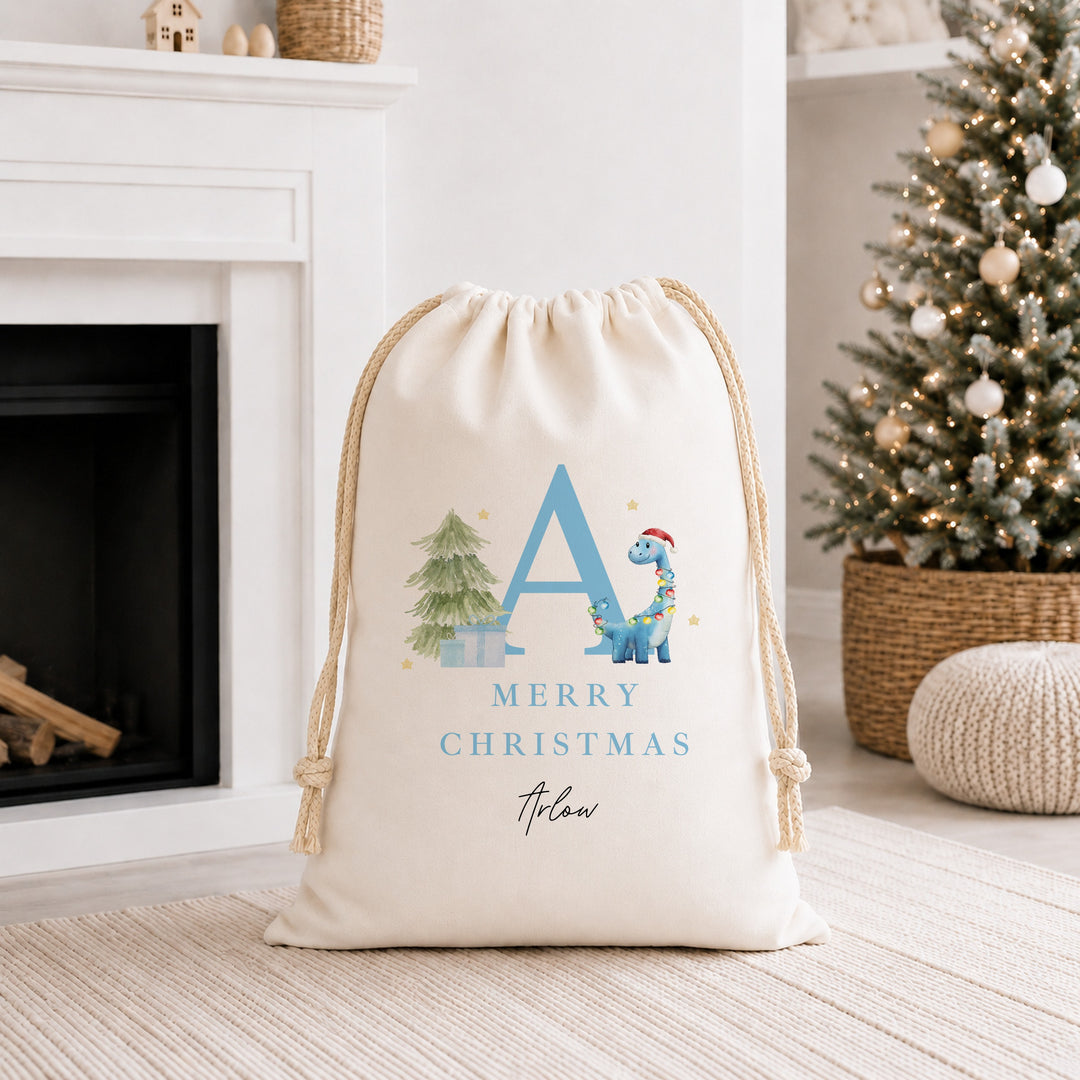 Personalised Merry Christmas Dinosaur Canvas Santa Sack